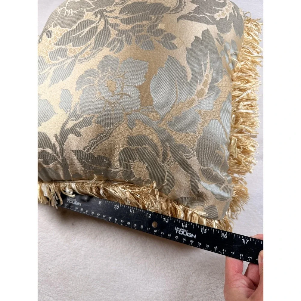 Gold Floral Fringe Throw Pillow‎ 16x16 Textured Square Indoor Decor Accent